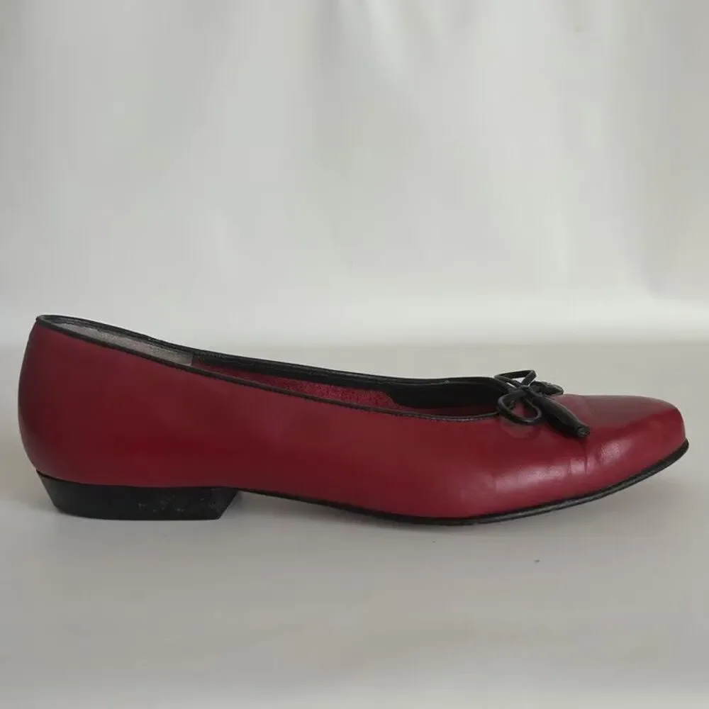 Salvatore Ferragamo Boutique Red Leather Bow Flats Shoes Womens Size 5.5 B Italy
